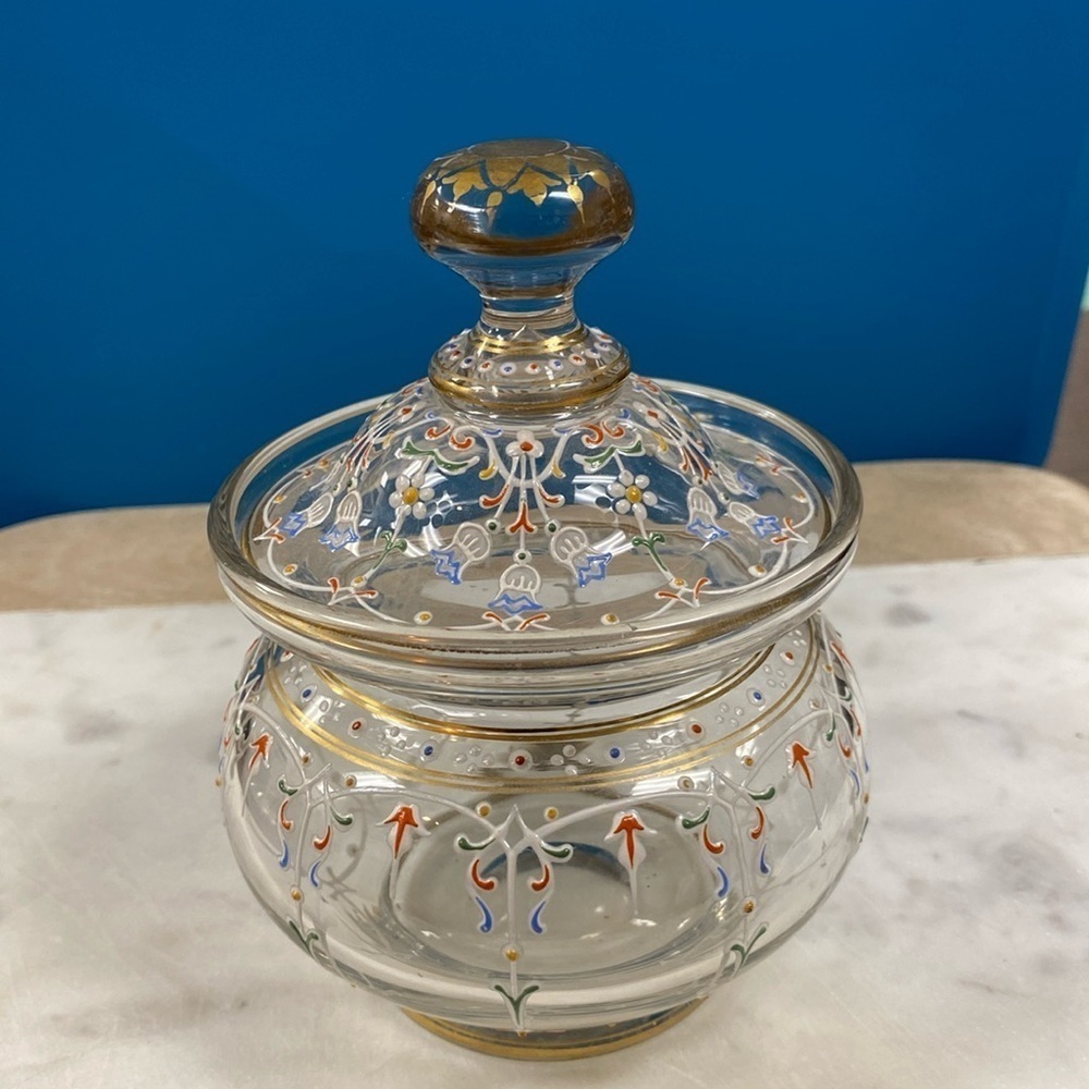 Fabulous Early 20th Century Enamelled candy Jar 6” B